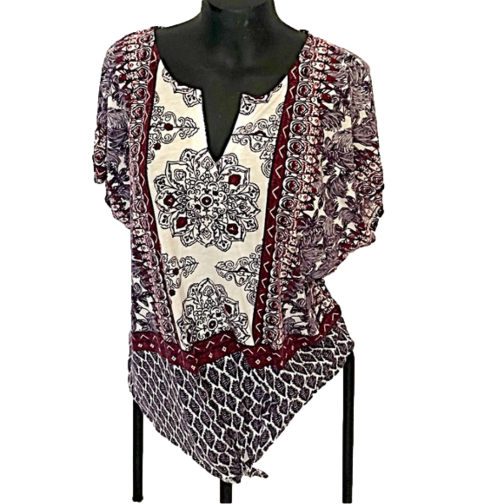 Linen blend soft fancy pattern top tied at bottom top